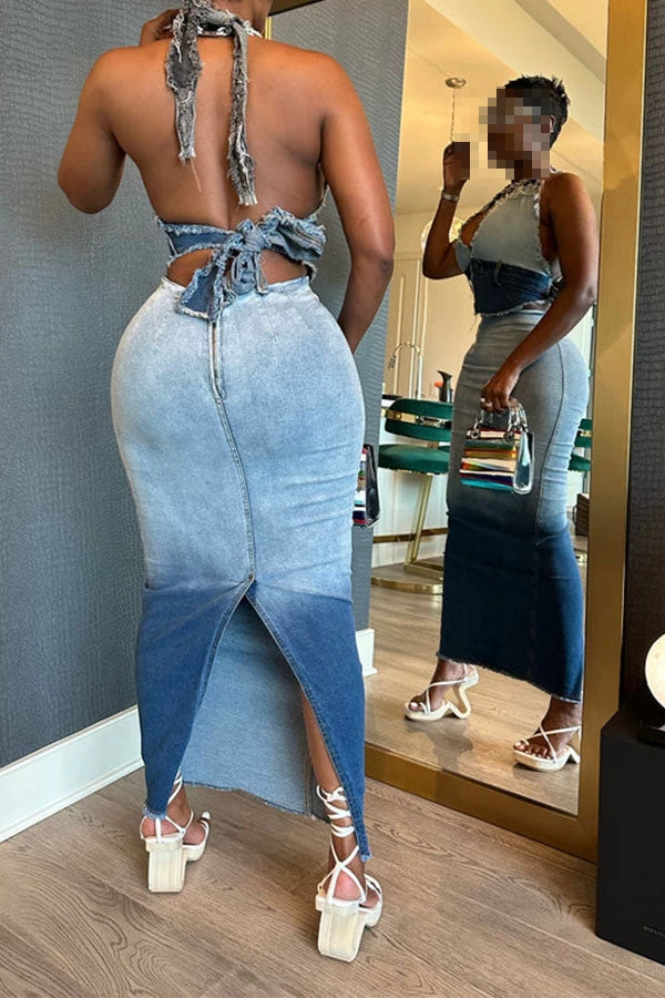 Gradient Boyish Backless Denim Dress Suit - Image 2