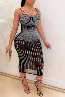 Rhinestones Pretty See-Through Midi Dress