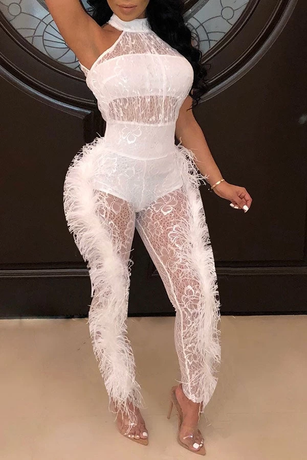 Floral Lace Romantic Feather See-Through Jumpsuit - Image 3