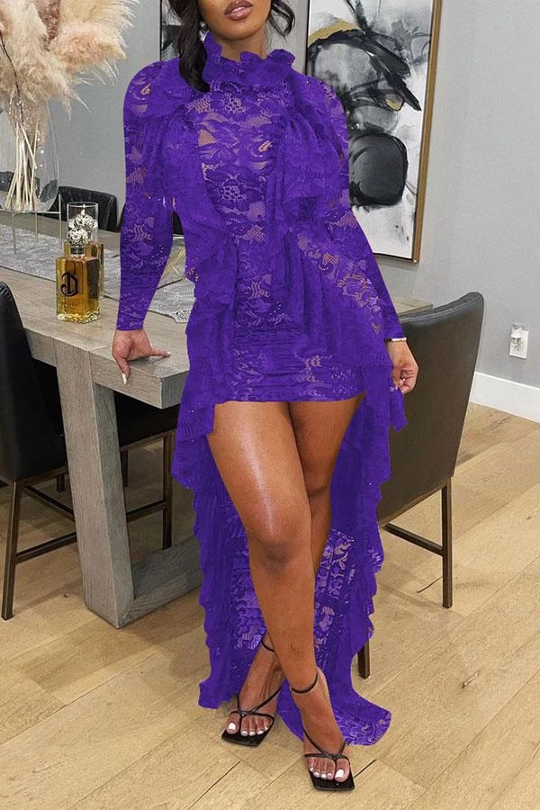 Floral Lace Ruffles Glamorous High Low Maxi Dress - Image 3