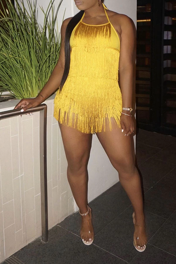 Solid Color Halter Collar Smart Tassels Romper - Image 4
