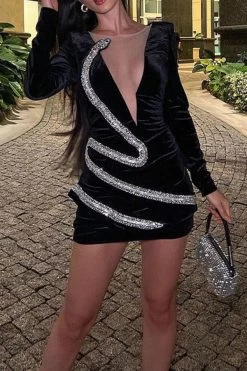 Rhinestone Snake Pattern Patchwork Cool Deep V Neck Mini Dress