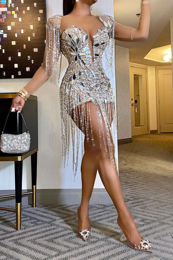 Rhinestone & Crystal Glitter Feminine Tassel Mini Dress