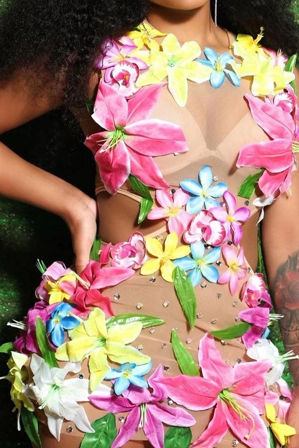 Colorful 3D Flower & Rhinestone Decor Pretty Cutout Waist Mini Dress - Image 7