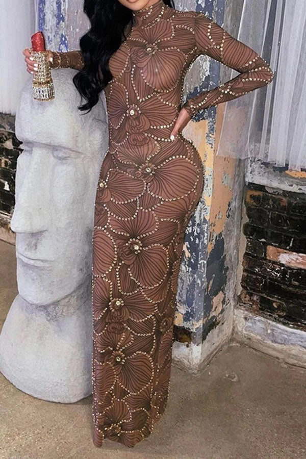Rhinestone Trim Flower Print Funky See-Through Maxi Dress
