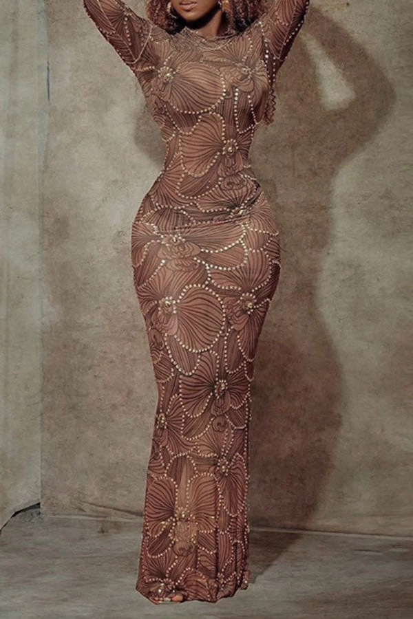 Rhinestone Trim Flower Print Funky See-Through Maxi Dress - Image 2