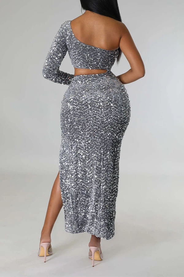 Sequined Flattering Cutout Waist High Split Midi Dress - Image 5