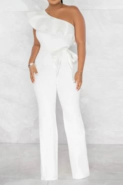 Solid Color Striking Ruffle Belted Jumpsuit