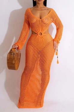 Knitted Beachy O-ring Design Cutout See-Through Beachwear