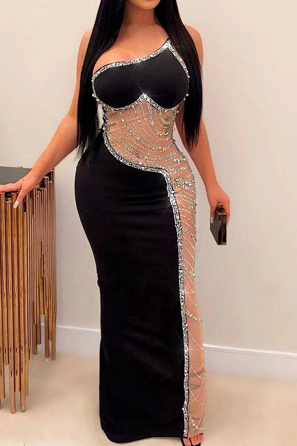 Rhinestone Trim Rocking Mesh Patchwork Maxi Dress - Image 15