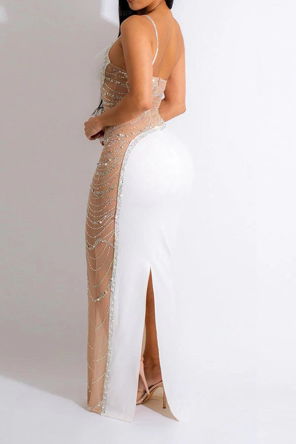 Rhinestone Trim Rocking Mesh Patchwork Maxi Dress - Image 7