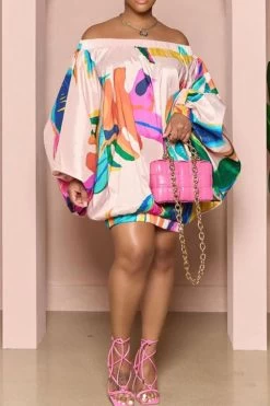 Colorful Leaf Print Smart Off Shoulder Mini Dress