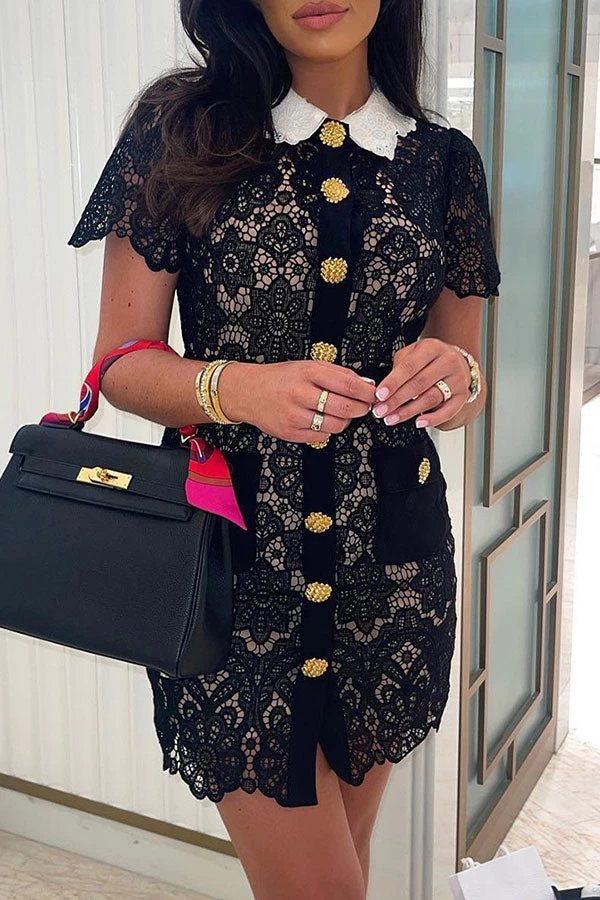 Hit Color Stunning Lace Hollow-Out Mini Dress