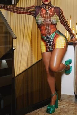 Artistic Body Print Polka Dot Party Dress Suit