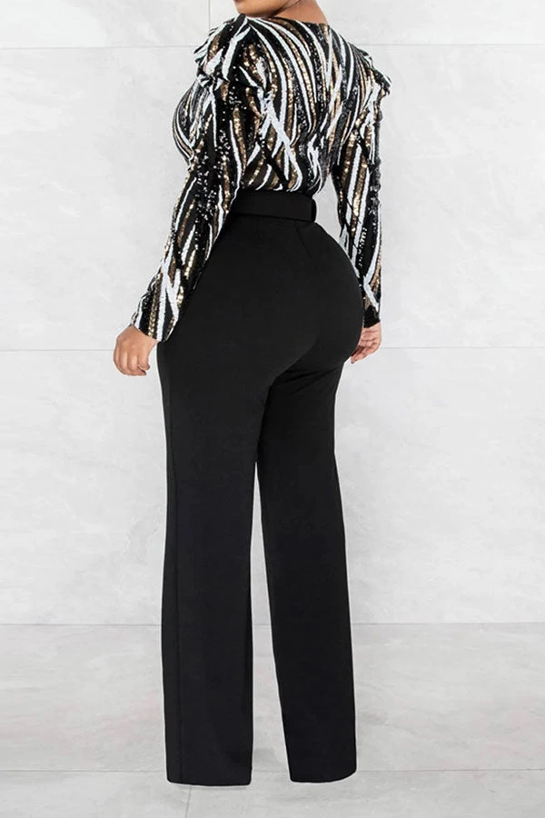 Sequined Party V Neck Belted Jumpsuit - Image 3