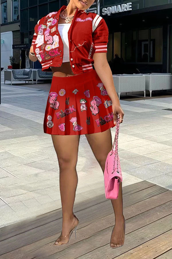 Cartoon Print Preppy Pleated Dress Suit - Image 11