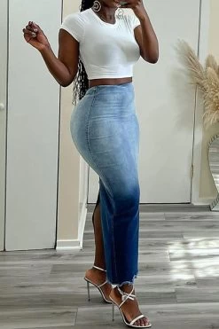 Gradient On-trend Split Back Denim Skirt