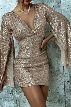 Sequined Glittery Split Sleeve Mini Dress