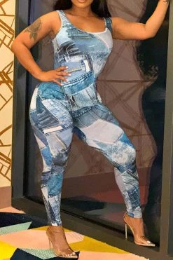 Denim Print Stylish Bodycon Jumpsuit