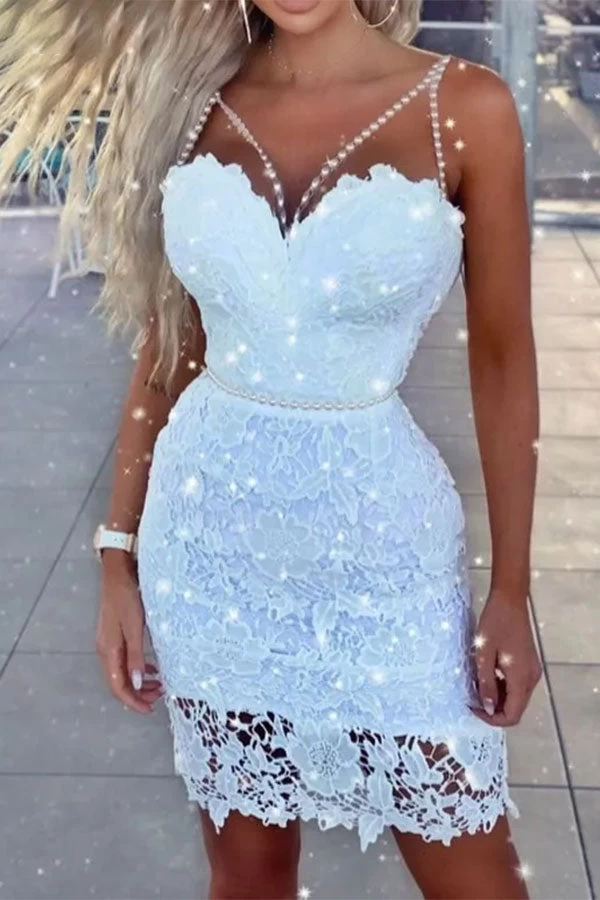 Lace Elegant Pearl Strap Mini Dress
