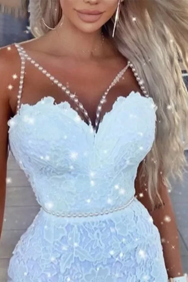 Lace Elegant Pearl Strap Mini Dress - Image 2