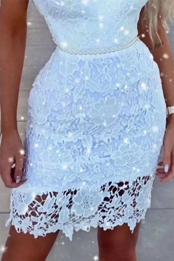 Lace Elegant Pearl Strap Mini Dress - Image 3