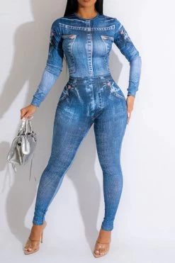 Denim Print Casual Bodycon Jumpsuit