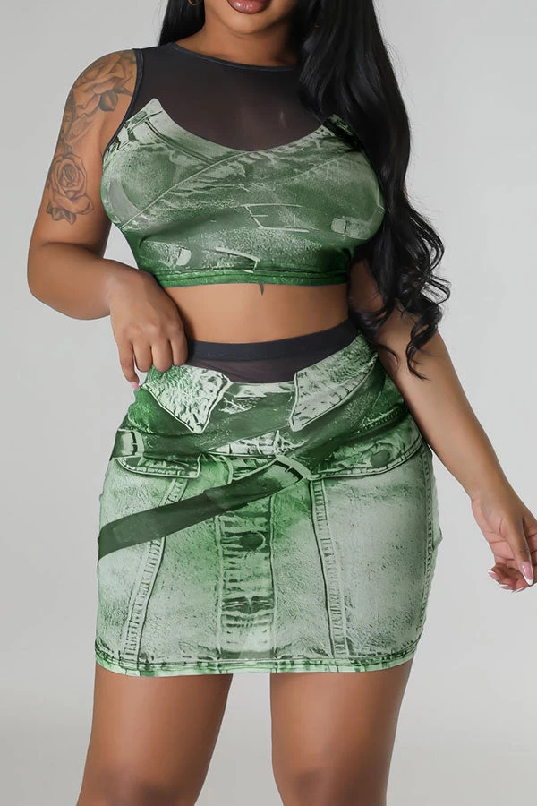 Denim Print Party Bodycon Dress Suit - Image 8