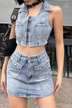 Solid Color Modern Multi Pocket Denim Dress Suit