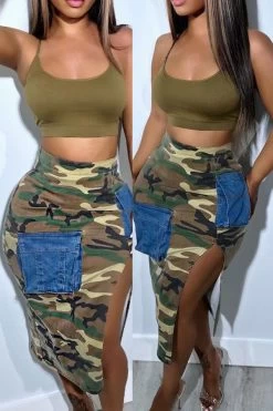 Camouflage Urban Pocket High Split Dress Suit