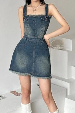 Gradient Girly Suspenders Denim Mini Dress