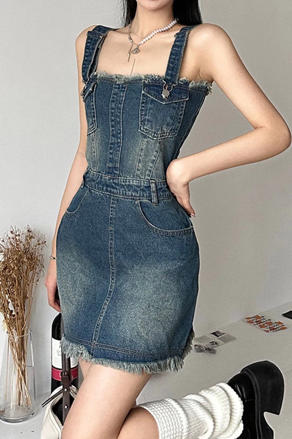 Gradient Girly Suspenders Denim Mini Dress - Image 2
