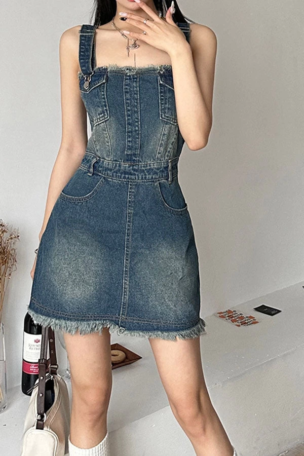 Gradient Girly Suspenders Denim Mini Dress - Image 3