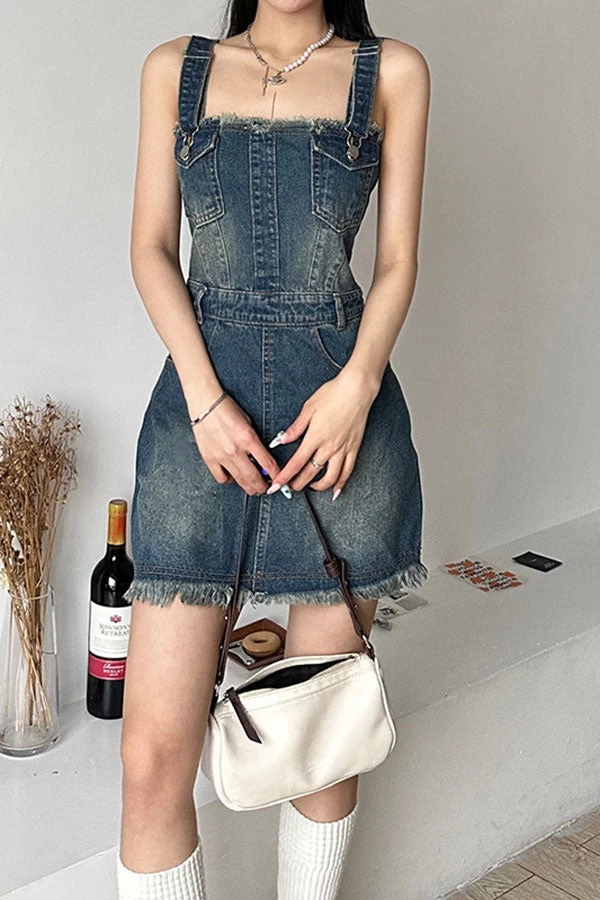 Gradient Girly Suspenders Denim Mini Dress - Image 4