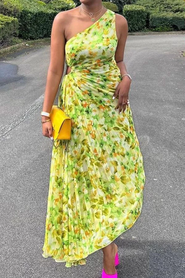 Floral Print Glamorous Asymmetric Pleated Midi Dress