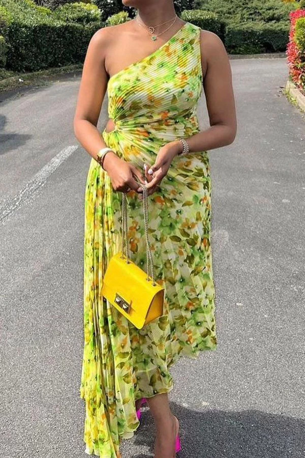 Floral Print Glamorous Asymmetric Pleated Midi Dress - Image 3