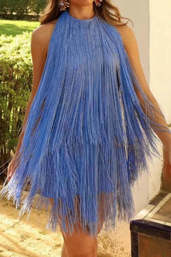 Solid Color Feminine Backless Tassel Mini Dress