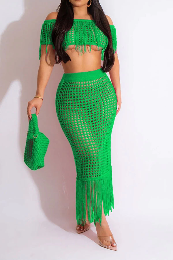 Crochet Hollow-Out On-trend Tassel Skirt Suit Beachwear - Image 9