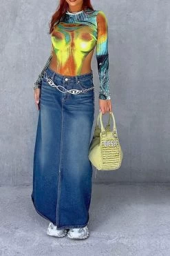 Gradient Urban High Split Denim Skirt