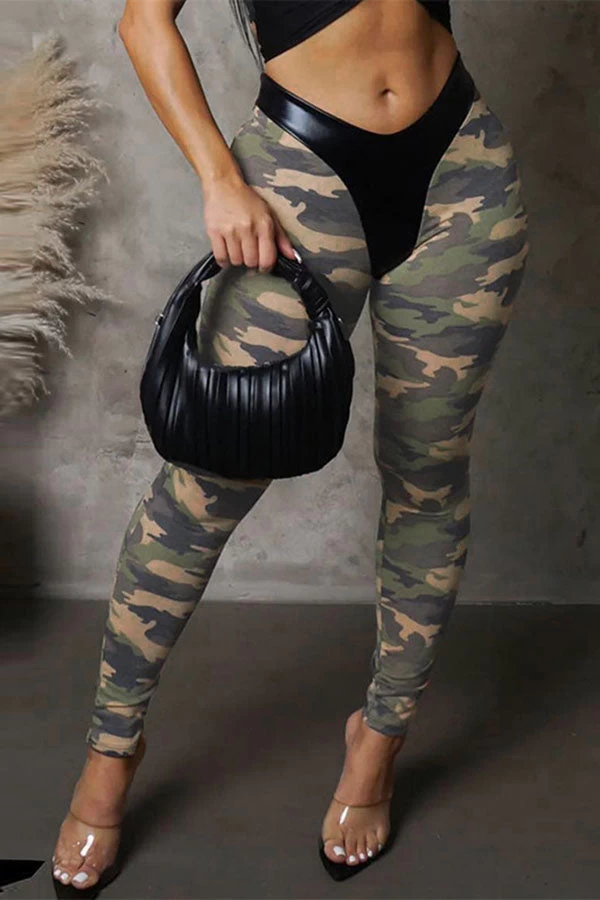 Camouflage Party Tie Front PU Patchwork Pant Suit - Image 3