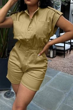 Solid Color Casual Multi Pocket Romper