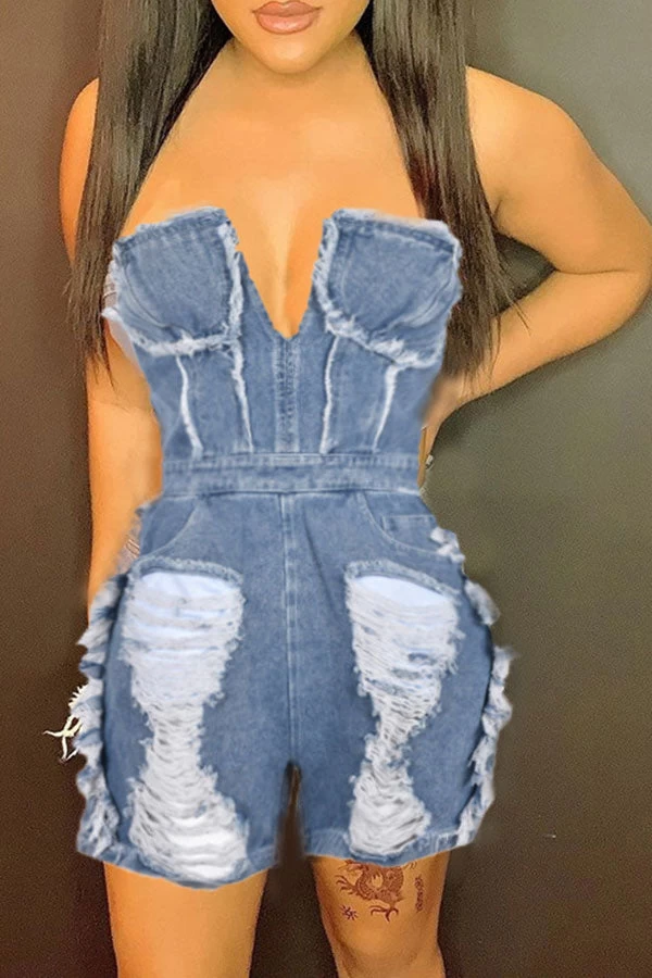 Ripped Burrs Stylish Denim Romper - Image 3