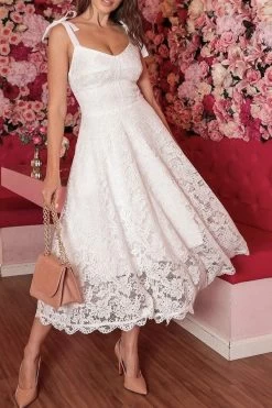 Solid Color Lace Sweet Tie Strap Midi Dress