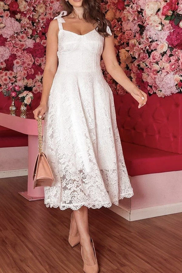 Solid Color Lace Sweet Tie Strap Midi Dress - Image 2