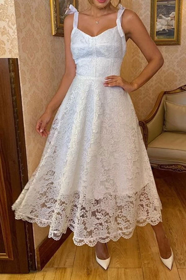 Solid Color Lace Sweet Tie Strap Midi Dress - Image 3