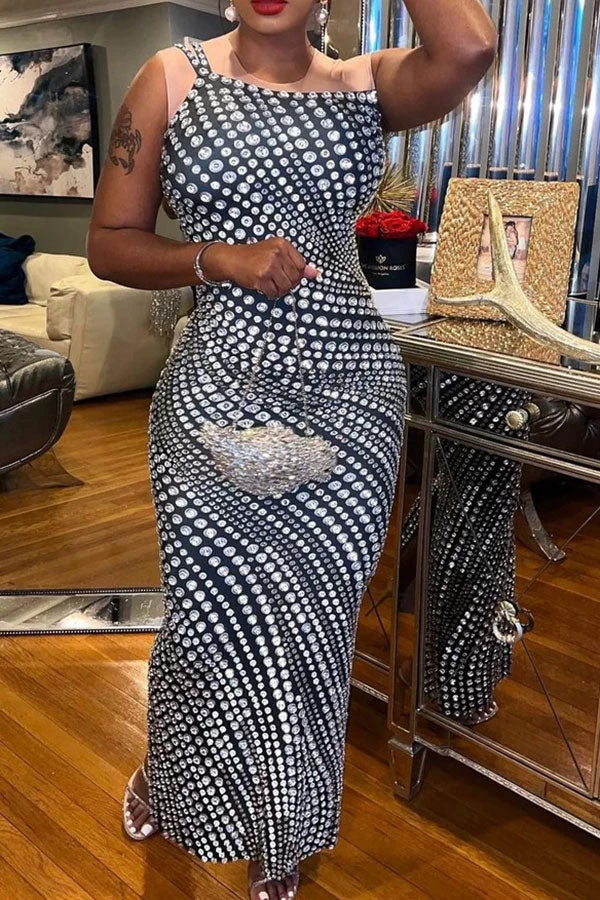 Rhinestone Print Unusual One Shoulder Maxi Dress - Image 2