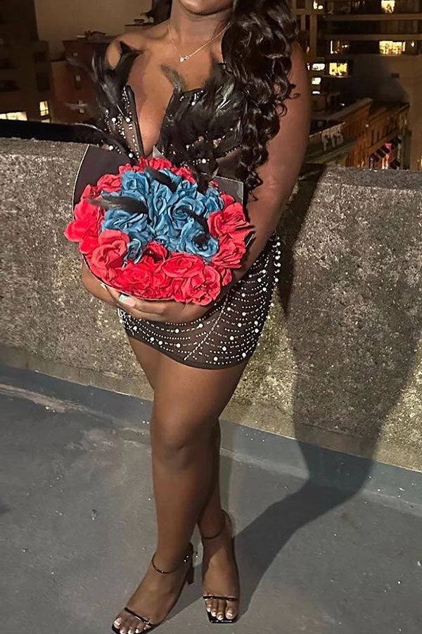 Feather Decor Luxe Rhinestone Mini Dress - Image 2