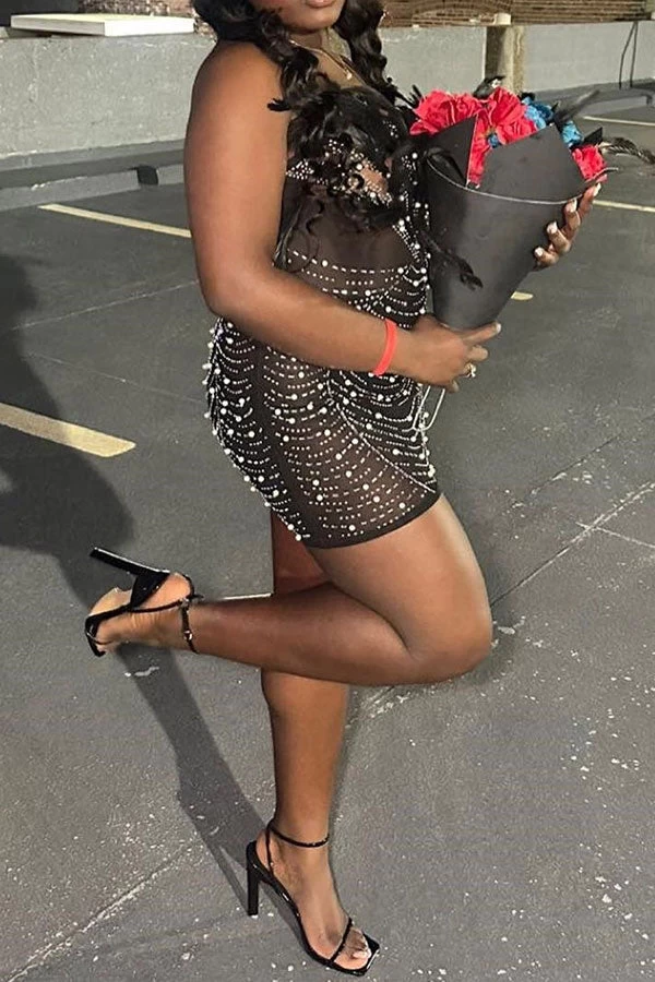 Feather Decor Luxe Rhinestone Mini Dress - Image 3