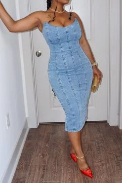 Patchwork Simple Split Back Denim Midi Dress