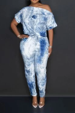 Denim Print Smart Drawstring Jumpsuit